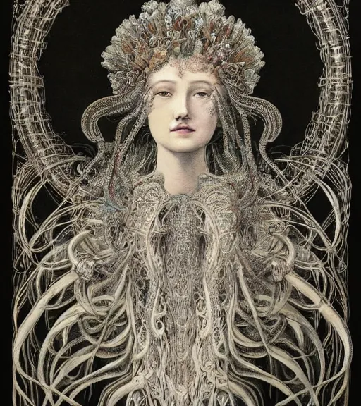 Image similar to portrait of a beatiful young goddess with intricate jellyfish headdress, dark background, intricate hyper detailed art by ernst haeckel and james jean