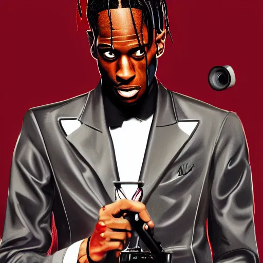 Prompt: travis scott as a agent 0 0 7, digital painting, album cover art, trending on artstation, hyperdetalied,