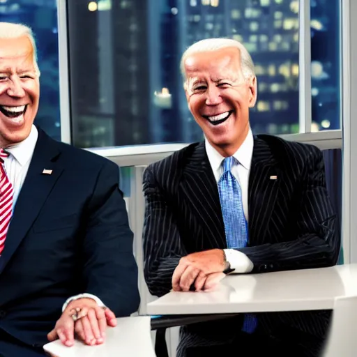 Image similar to stock photo of kim kardashian, and joe biden wearing suits and ties laughing in an office building, 8k resolution, full HD, cinematic lighting, award winning, anatomically correct