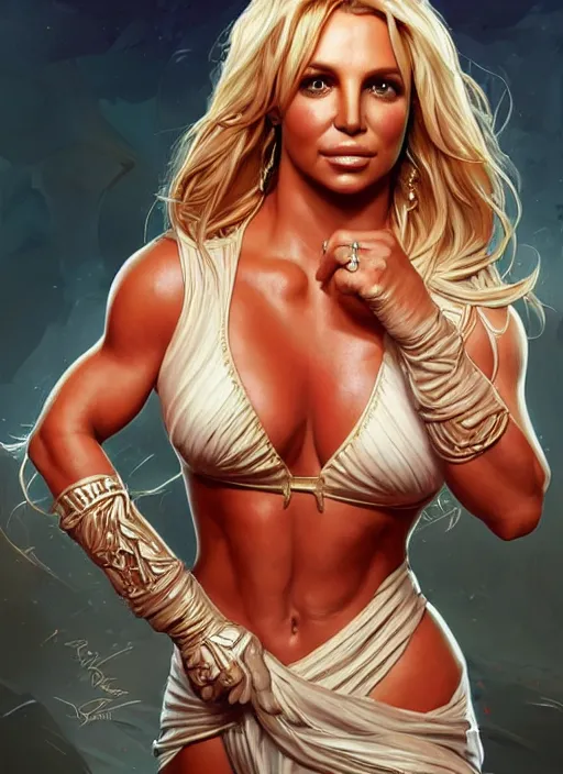 Image similar to britney spears, kim kardashian, carmen electra, jessica canseco, muscular, intricate, highly detailed,!, digital painting, artstation, concept art, smooth, sharp focus, illustration, art by artgerm and greg rutkowski and alphonse mucha