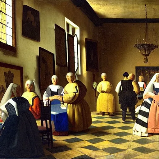 Image similar to a large wedding reception, lots of people, illustrated by johannes vermeer