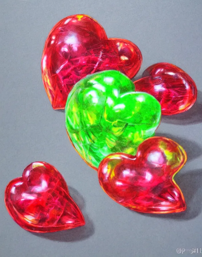 Image similar to transparent crystal gum gum fruit with a ruby shaped like a heart inside the devil fruit, spectacular quality, intricate oil pastel glow, dynamic lighting, photorealistic, ultra detailed, trending on art station