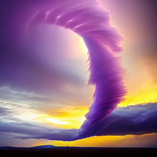 Image similar to purple clouds in the shape of a tornado by marc adamus, digital art, beautiful dramatic lighting