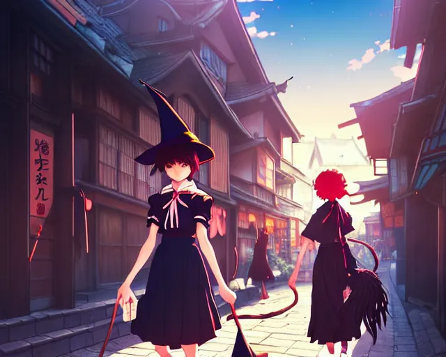 Image similar to key anime visual portrait of a young female witch walking through a busy fantasy village, ilya kuvshinov, dynamic pose, dynamic perspective, cinematic, dramatic lighting, muted colors, detailed silhouette, textured, anime proportions, kyoto animation, haibane renmei, niea _ 7, yoh yoshinari