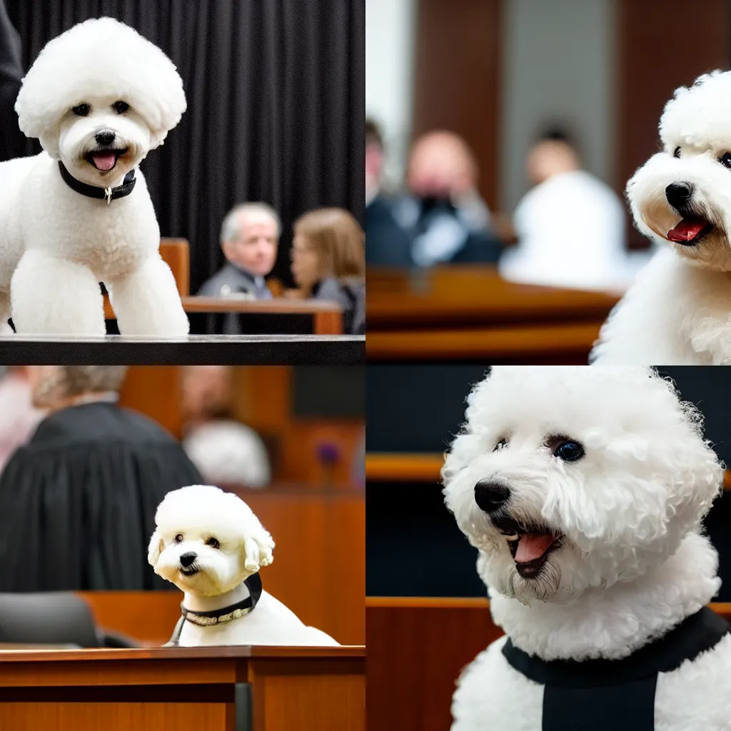 Image similar to a closeup photorealistic photograph of a cute smiling white bichon frise judge wearing a black gown and speaking to the courtroom. this 4 k hd image is trending on artstation, featured on behance, well - rendered, extra crisp, features intricate detail, epic composition and the style of unreal engine.