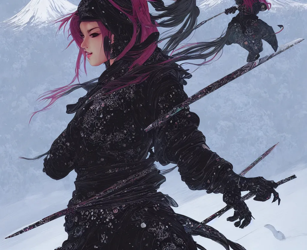 Image similar to portrait ninja gaiden girl, black plus little green ninja wardrobe, at snowy fuji mountain sunrise, ssci - fi and fantasy, intricate and very very beautiful, detailed, digital painting, artstation, concept art, smooth and sharp focus, illustration, art by tian zi and wlop and alphonse mucha