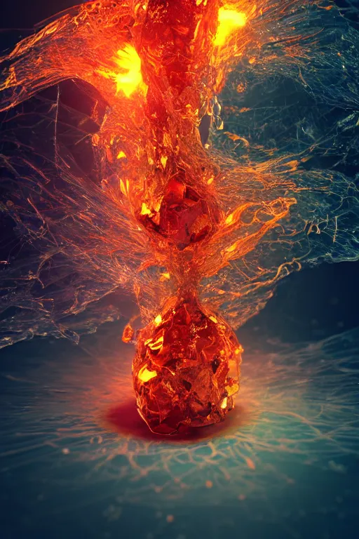 Prompt: A single elemental fire crystal glowing with power, Alone, Surrounded by darkness, concept art, illustration, burning hot and covered in flowing fluid art. Magic Stone. Ruby Stone. Liquid Gold. Crystal structure. Symmetrical. Spirals. Melting. Intricate. Hyper Real. 4K. Octane Render. Refraction. Caustics. Empty Background. Black Background. No Background.