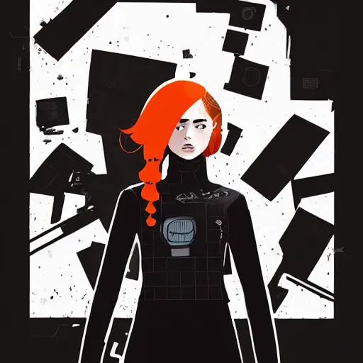 Image similar to Highly detailed portrait of a post-cyberpunk young lady with, freckles and cool hair by Atey Ghailan, by Loish, by Bryan Lee O'Malley, by Cliff Chiang, inspired by image comics, inspired by graphic novel cover art, inspired by nier, inspired by scott pilgrim !! Gradient orange, black and white color scheme ((grafitti tag brick wall background)), trending on artstation