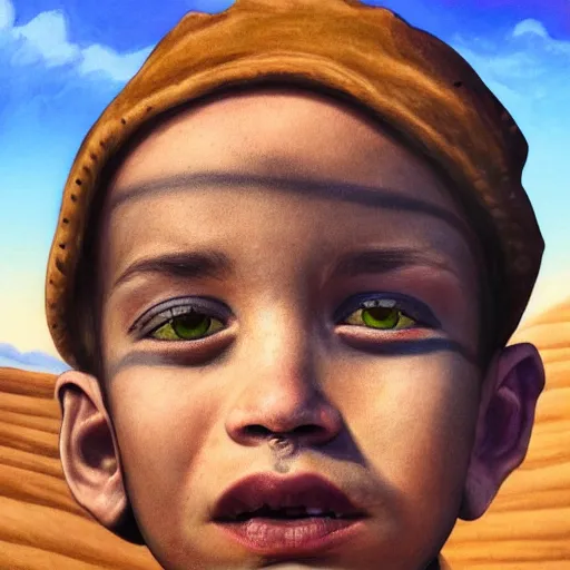 Image similar to a detailed portrait of a boy with a face tattoo in the desert, fantasy art illustration, incredibly highly detailed and realistic, 8 k, sharp focus