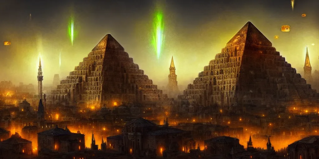 Image similar to magical city of the Great Tartarian Empire adorned with amazing lost technology, lighting resembling fireflies, spires from rooftops collecting and distributing etheric energy, the centerpiece of the city is a colossal ancient pyramid made of metal, cityscape, combining intense detail & utmost quality, Christian Hecker, Artstation, - H 832