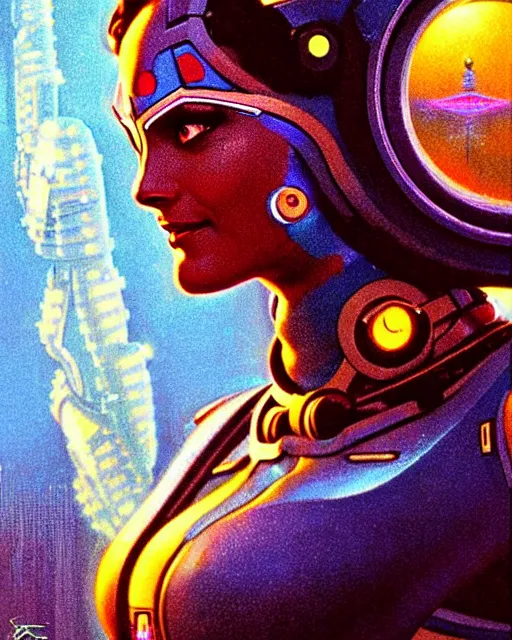 Image similar to symmetra from overwatch, character portrait, portrait, close up, concept art, intricate details, highly detailed, vintage sci - fi poster, retro future, in the style of chris foss, rodger dean, moebius, michael whelan, and gustave dore