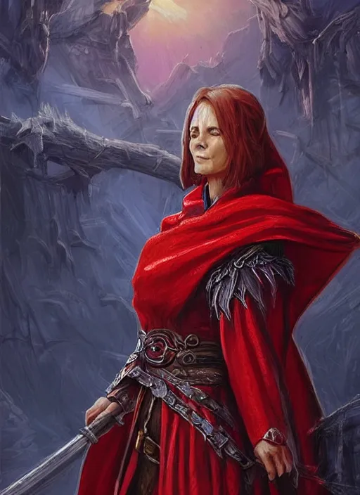 Image similar to bright red cloak female priest, ultra detailed fantasy, dndbeyond, bright, colourful, realistic, dnd character portrait, full body, pathfinder, pinterest, art by ralph horsley, dnd, rpg, lotr game design fanart by concept art, behance hd, artstation, deviantart, hdr render in unreal engine 5