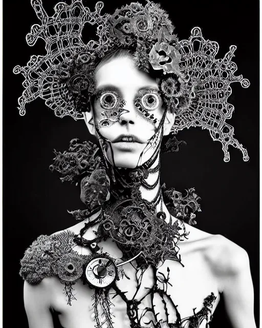 Image similar to surreal black and white photo portrait of complex bio-mechanical beautiful young female vegetal-cyborg with a Mandelbrot fractal steampunk metal fine lace face, a very long neck and a fine metal floral foliage super big lace collar by Alexander McQueen:: high fashion, haute couture, rococo, steampunk, silver filigree details, anatomical, facial muscles, cable wires, microchip, elegant, dreamy, foggy, hyper realistic, 150 mm lens, soft rim light, octane render, unreal engine, picture was taken in 1910 by Dora Maar, volumetric lighting, dramatic light,8k,