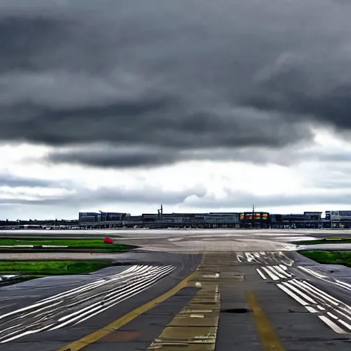 Prompt: a cloudy, rainy day near an airport in the middle of the city, 4 k