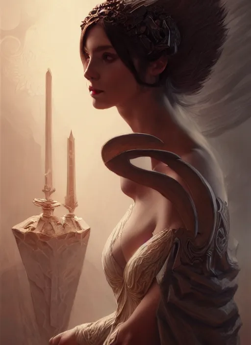 Image similar to portrait of a beautiful daemon in a flowing dress, carving runes into a profane altar, intricate, elegant, highly detailed, digital painting, artstation, concept art, smooth, sharp focus, illustration, art by wlop, mars ravelo and greg rutkowski