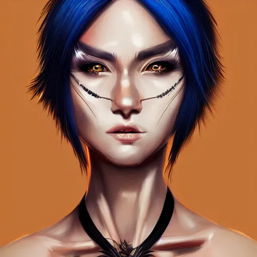 Image similar to illustrated realistic portrait of prong-horned devil woman with blue bob hairstyle and her tan colored skin and with solid black eyes wearing leather by rossdraws