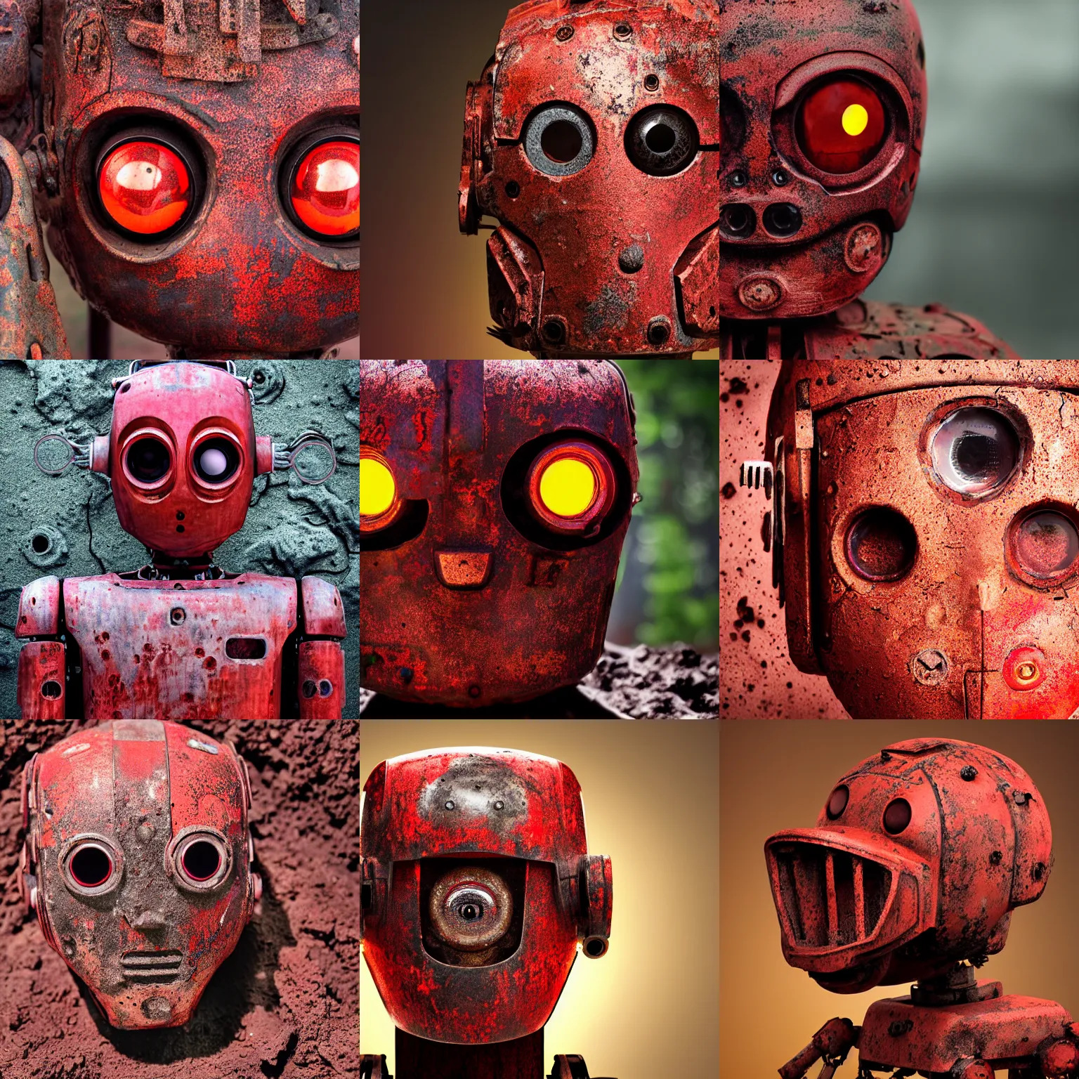 Prompt: super rusty robot head, glowing red eyes, covered in mud and dirt, studio photograph, ultra realistic,