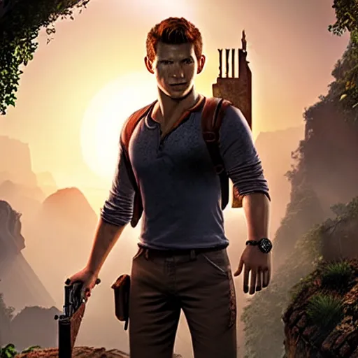 Image similar to tom holland as nathan drake from uncharted, cinematic lightning
