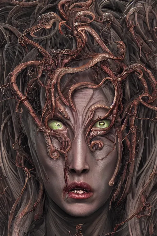 Image similar to medusa fused with a demon of dante´s inferno, photo, portrait, 3d, grotesque, terrifying, high details, intricate details, by vincent di fate, artgerm julie bell beeple, 90s, Smooth gradients, octane render, 8k, High contrast, duo tone, depth of field, very coherent symmetrical artwork