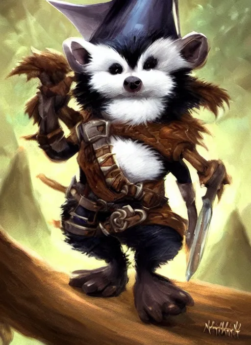 Image similar to cute little anthropomorphic skunk wizard wearing smoldereye (eyepatch), tiny, small, miniature animal, baby animal, short, pale black armor, cute and adorable, pretty, beautiful, DnD character art portrait, matte fantasy painting, DeviantArt Artstation, by Jason Felix by Steve Argyle by Tyler Jacobson by Peter Mohrbacher, cinematic lighting