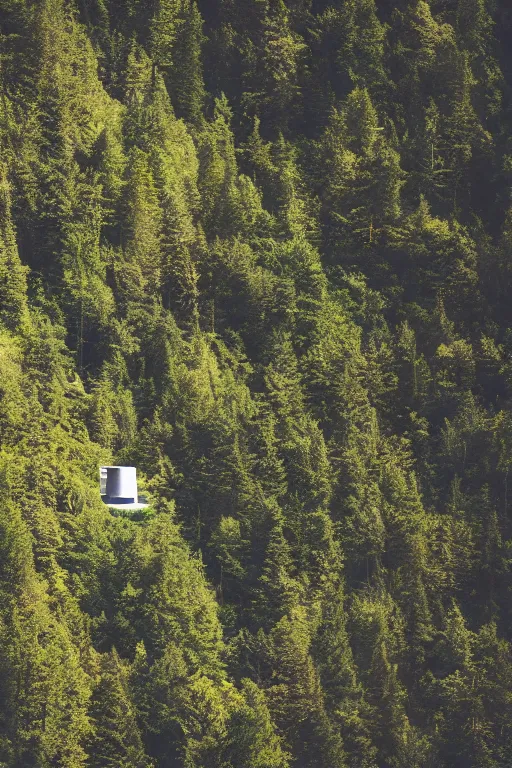 Image similar to sci fi nuclear containment buildings in a steep sided valley with trees, ufo flying around, a sense of hope and optimism, birds overhead, stark light, day time, unsplash, national geographic, hd, high res