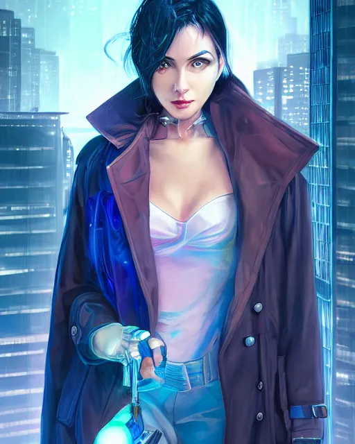 Prompt: photorealistic character portrait of a beautiful half cyborg woman with a mischievous look, the half cyborg woman is wearing a long trench coat, in a night rooftop scene, character portrait in the style of Artgerm and NeoArtCorE, colorful night rooftop scene by Liam Wong