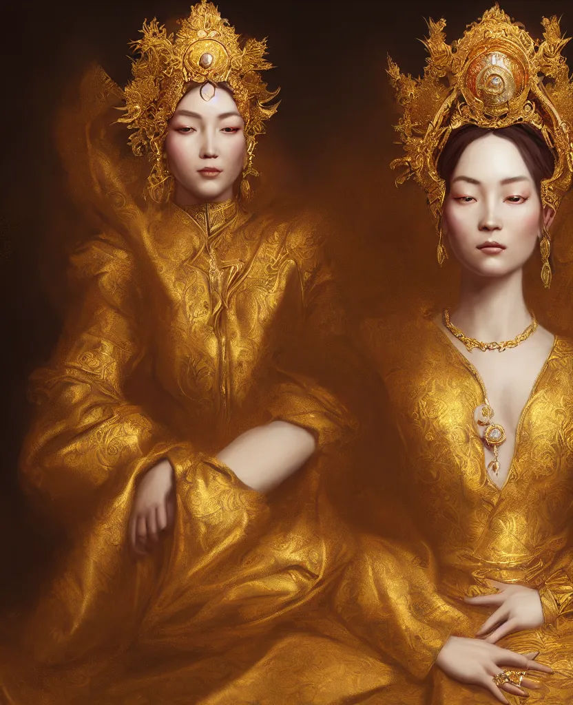 Image similar to a beautiful empress portrait, with a brilliant, impossible striking shiny big gold headpiece, gold clothes, rococo, baroque, jewels, asian, realistic, art by WLOP, Greg Rutkowski, insane detail, octane render, 8k, fantasy, diva