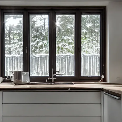 Prompt: frosted over kitchen with volumetric sunlight from window from above