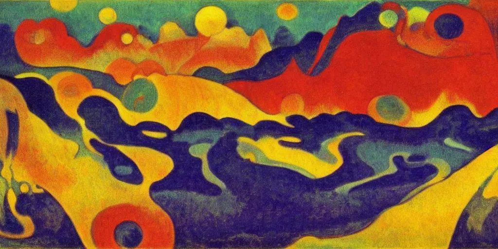 Prompt: An insane, modernist landscape painting. Wild energy patterns rippling in all directions. Curves, organic, zig-zags. Mountains, clouds. Rushing water. Waves. Psychedelic dream world. Odilon Redon. Ernst Kirchner.