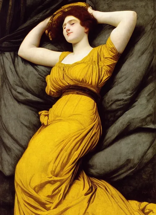 Image similar to masterpiece portrait of lady reclining on bed wearing yellow ochre ornate medieval dress, vertical, foreshortening, colour photography by frederic leighton, william morris, 8 k