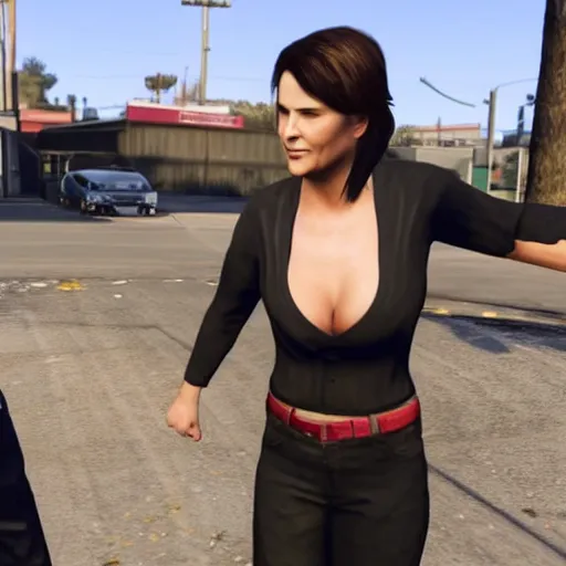 Prompt: Lucy Lawless taking a baseball bat to her boyfriend\'s car in GTA 5.