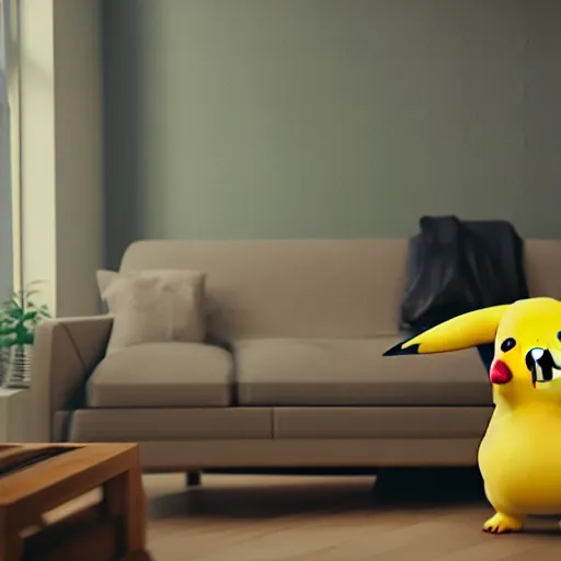 Image similar to Pikachu taking a bong rip on the couch, unreal engine 5, octane render, cgsociety, living room interior, soft lighting, ray tracing,