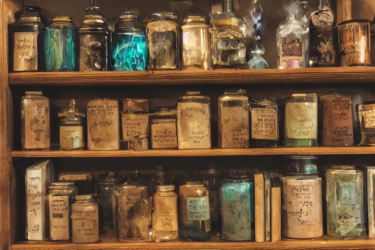 Image similar to a bookshelf of wonderful magical experiments, located in a wizard's shop, full of trinkets and magical potions flasks vials, bubbling liquids, smoking vessels