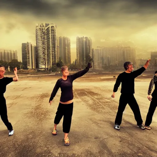 Image similar to realistic picture, post apocalyptic city on fire in the background, group of people practicing tai chi in the foreground