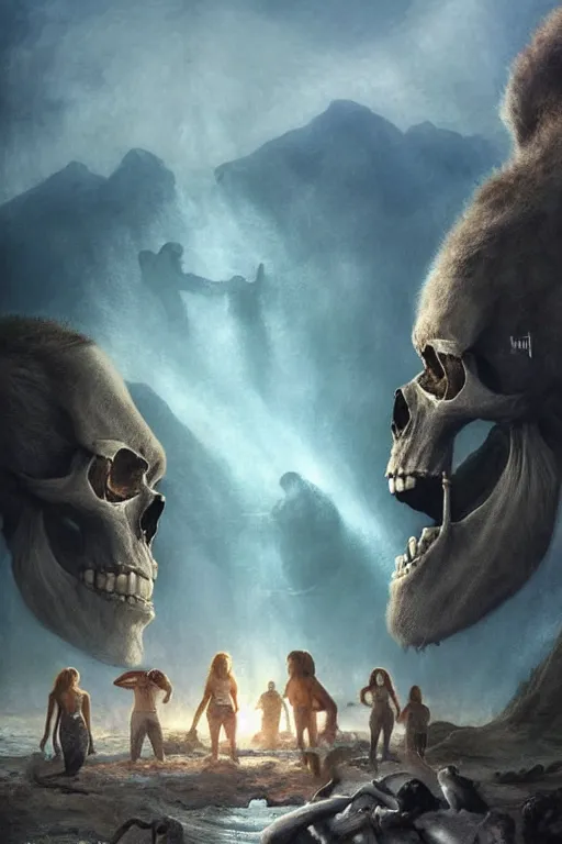 Image similar to movie poster, realistic photographed oil panting of skull island, suicidegirls surfing, dead bodies, ghosts, supernatural colors, beautiful, dappled silver lighting, epic, atmospheric, highly detailed, horrific, 8 k, art by art by artgerm and greg rutkowski and edgar maxence