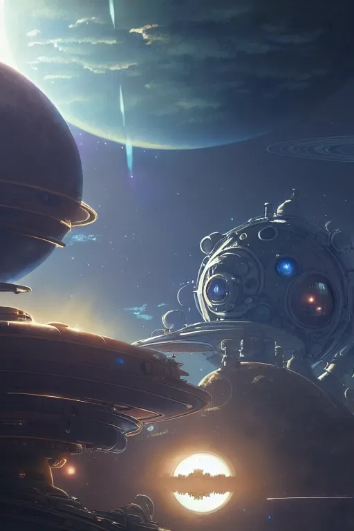 Image similar to steampunk spaceship infront of a planet, exquisite details, denoised, mid view, by karl kopinski, artsation, greg rutkowski, makoto shinkai, takashi takeuchi, studio ghibli