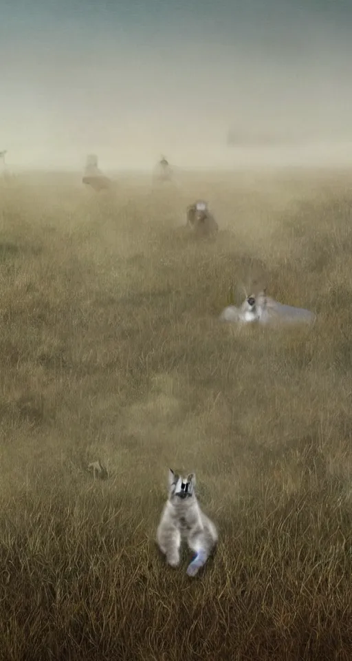 Image similar to a realistic transparent!!! ghostly cat in the steppe, summer field, misty background, from the game pathologic 2, highly detailed, sharp focus, matte painting, by franz snyders, by frans snijders, isaac levitan and asher brown durand,