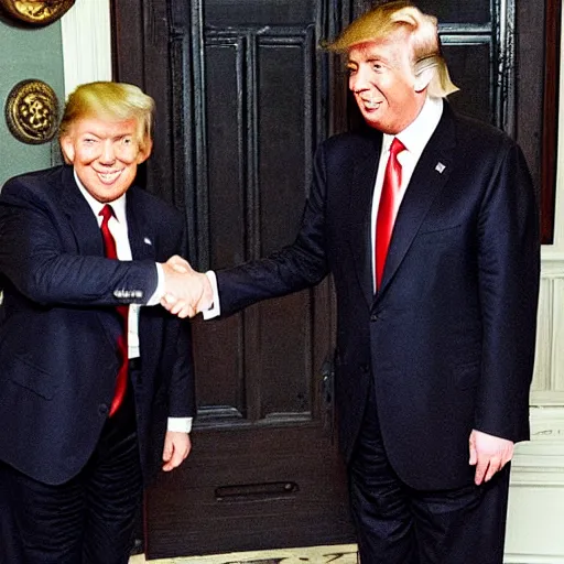 Prompt: mr bean shaking hands with donald trump