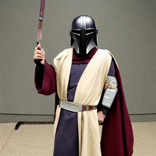 Image similar to a robed jedi with a mandalorian mask