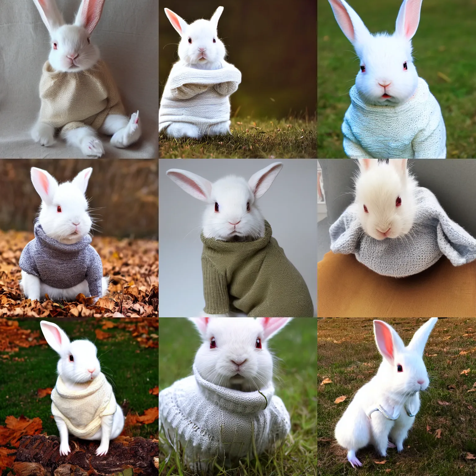 Prompt: albino rabbit in a sweater.