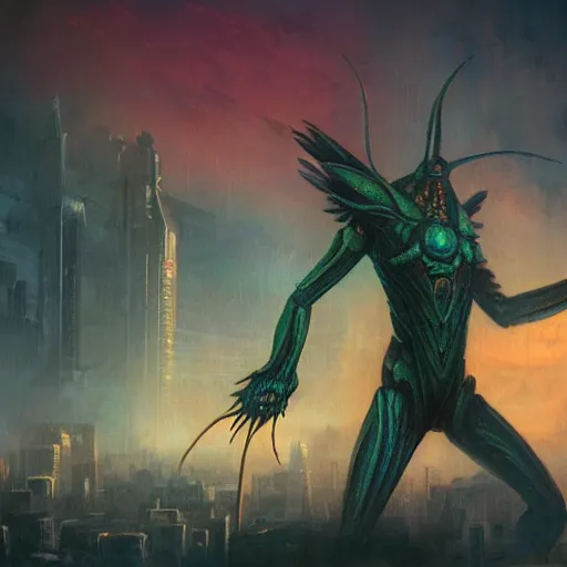 Prompt: a mantis kaiju with spread wings attacking a city, legendary epic shot, blade runner, low camera angle, dawn, by artgerm, ed repka, cloverfield movie, julie bell, beeple and Greg Rutkowski, airbrush, science fantasy, 50s, concept art, matte painting, Smooth gradients, octane render, 8k, High contrast, duo tone, depth of field, volumetric lightning, very coherent artwork