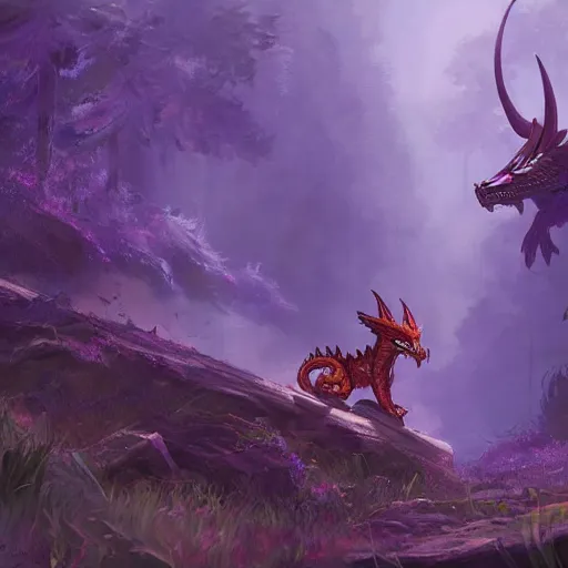 Image similar to concept art painting of an anthropomorphic purple humanoid furry dragon, in the deep forest, realistic, detailed, cel shaded, in the style of makoto shinkai and greg rutkowski and james gurney