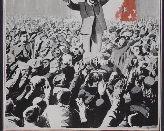 Prompt: lenin addressing a crowd, soviet propaganda posterm