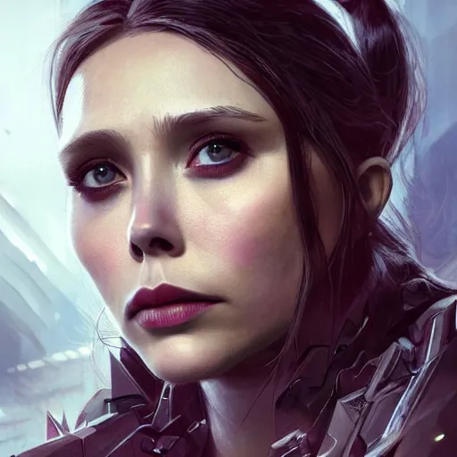 Image similar to elizabeth olsen portrait, dystopia core, apocalyptic, armor, warrior, dramatic, sharp focus, fiction, neon, fantasy, hyper detailed, digital art, trending in artstation, cinematic lighting, studio quality, smooth render, unreal engine 5 rendered, octane rendered, art style and nixeu and wlop and krenz cushart