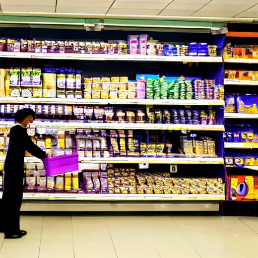 Prompt: a photograph of Prince stocking shelves at a supermarket