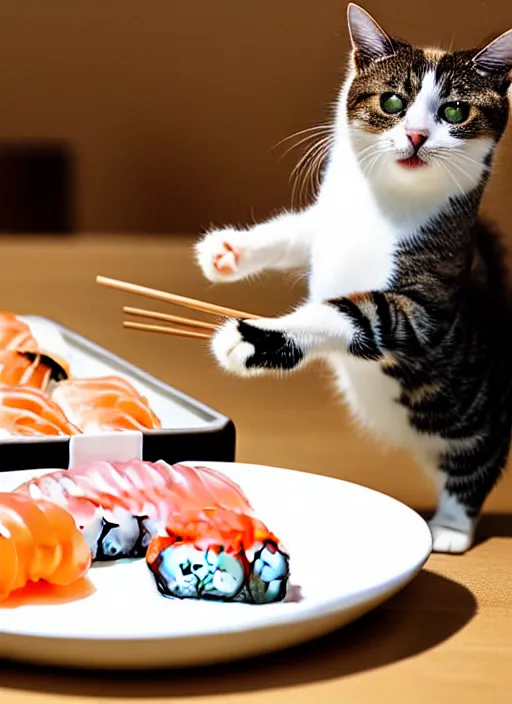 Image similar to clear photograph of cute cats stealing sushi from sushi plates