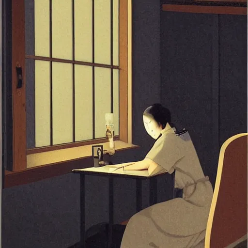 Image similar to An expressive painting by Hasui Kawase of a Japanese girl sat writing in a journal while wearing headphones illuminated by a desk lamp, in the background is a window overlooking a rainy night-time city, with a cat resting on the window cill, a relaxed and dreamy atmosphere, highly atmospheric with dynamic lighting, highly detailed, 8K