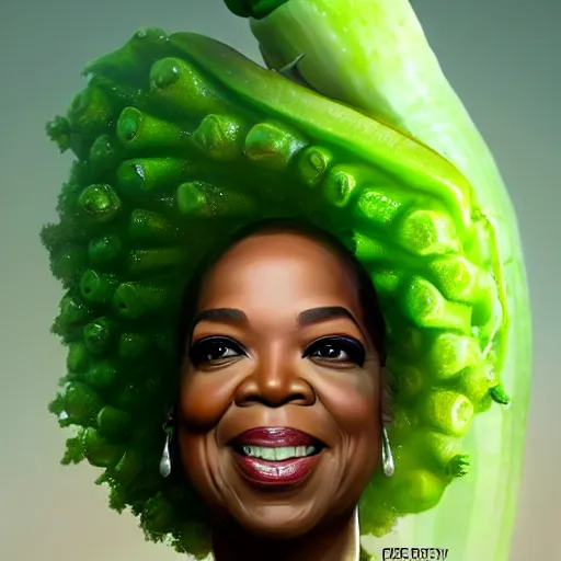 Image similar to a dish of oprah winfreys face fused with okra veg with green stalky ( ( green oprah winfrey's face ) ), oprah okra winfrey sentient veg, by greg rutkowski