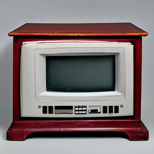 Image similar to ortographic photograph of a old CRT TV in a cabinet