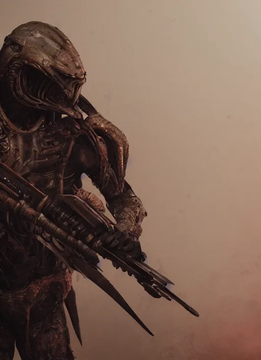 Image similar to a photorealistic dramatic hyperrealistic render of predator the alien hunter, ultra realistic details, well worn, rust, oil stains designed by vitaly bulgarov and mike nash, beautiful dramatic dark moody tones and lighting, cinematic atmosphere, studio lighting, global illumination, shadows, dark background, octane render, 8 k